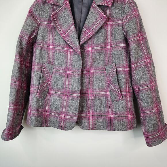Talbots Gray & Pink Plaid Wool Blazer Size 8 PETITE Button Jacket - Picture 3 of 9